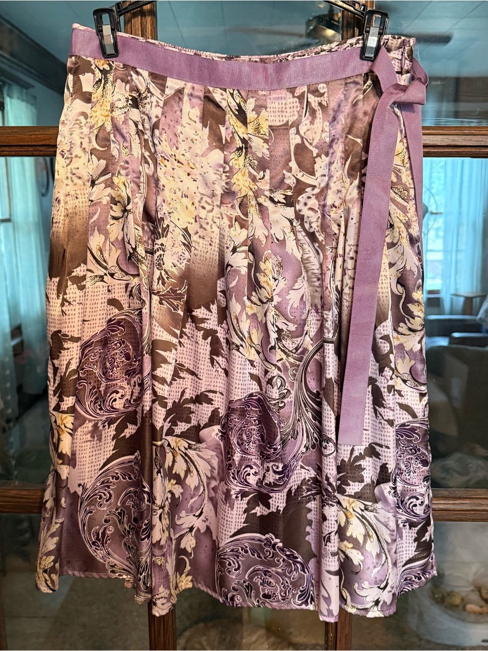 Worthington Purple Floral Damask Satin A-Line‎ Skirt Ribbon Tie Waist Size 4